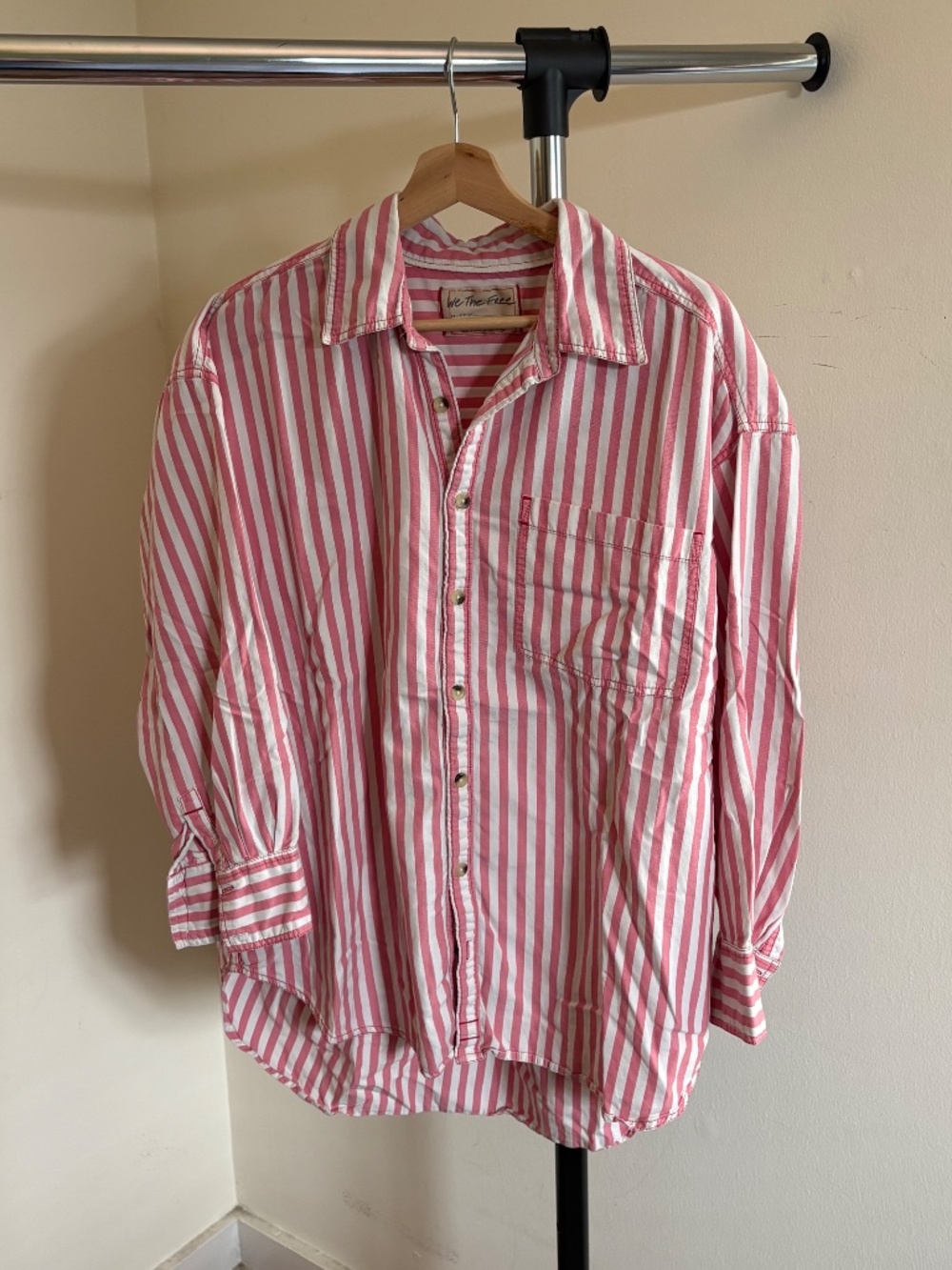 We The Free Free People Pink Striped Oversized Button Down Shirt